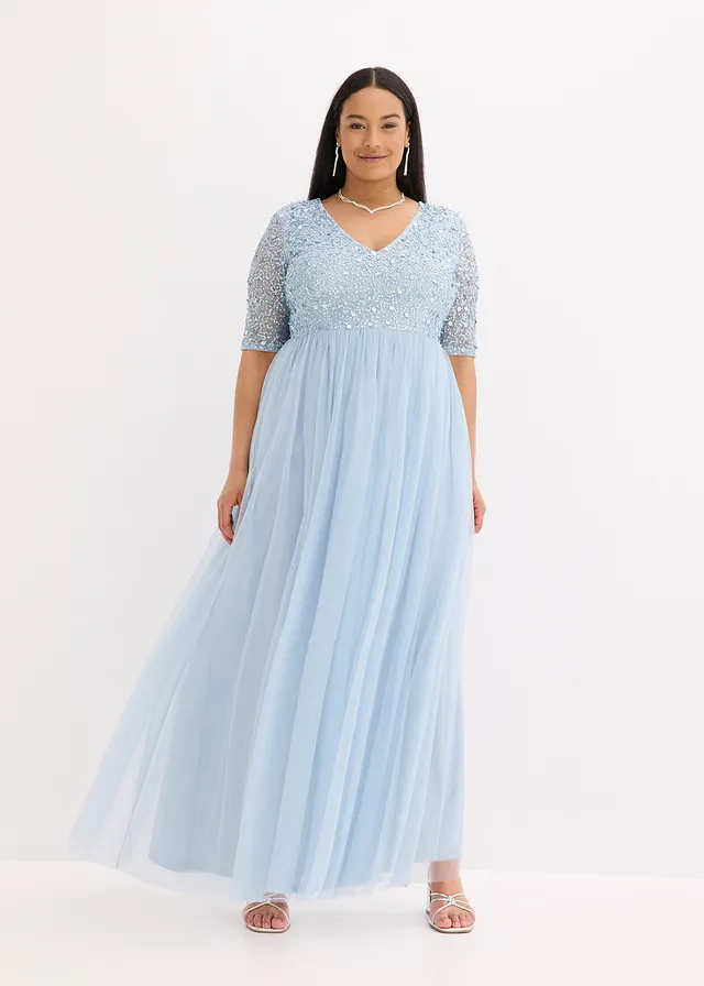 Avondjurk van sierlijke tule met paillettenborduursel, Kleur: poederblauw