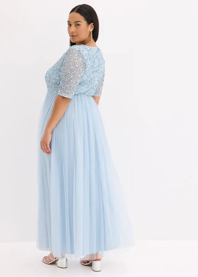 Avondjurk van sierlijke tule met paillettenborduursel, Kleur: poederblauw