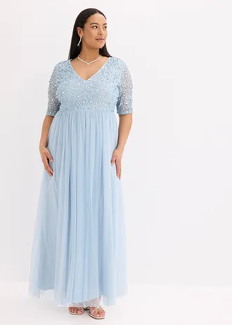 Robe de soirée en tulle avec haut brodé de sequins, Couleur: bleu poudré