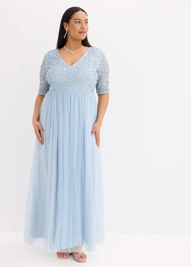 Avondjurk van sierlijke tule met paillettenborduursel, Kleur: poederblauw