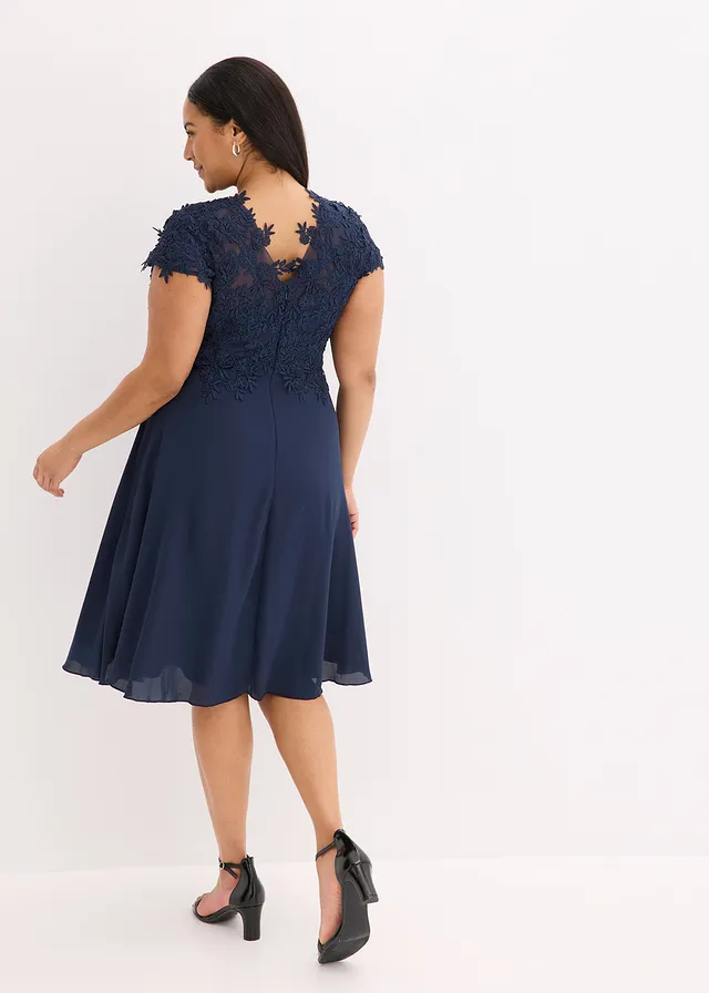 Robe midi en tulle délicat avec dentelle, Couleur: bleu foncé