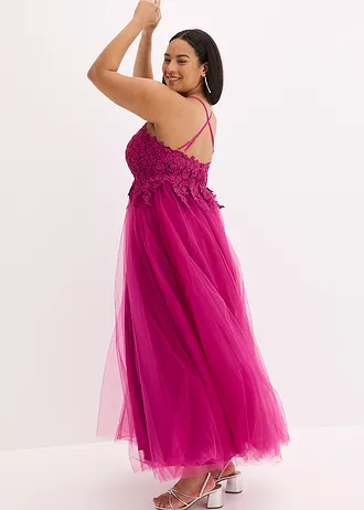 Dlouhé šaty z jemného tylu, s krajkou • fuchsiová plus size • bonprix obchod