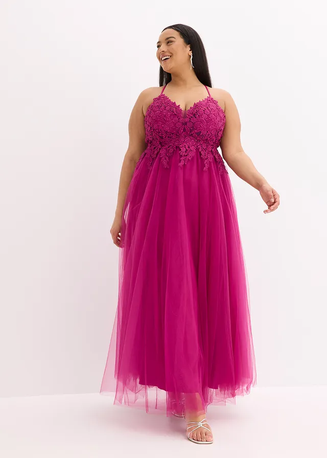 Robe longue en tulle délicat avec dentelle, Couleur: fuchsia