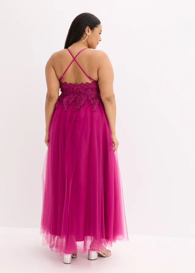 Robe longue en tulle délicat avec dentelle, Couleur: fuchsia