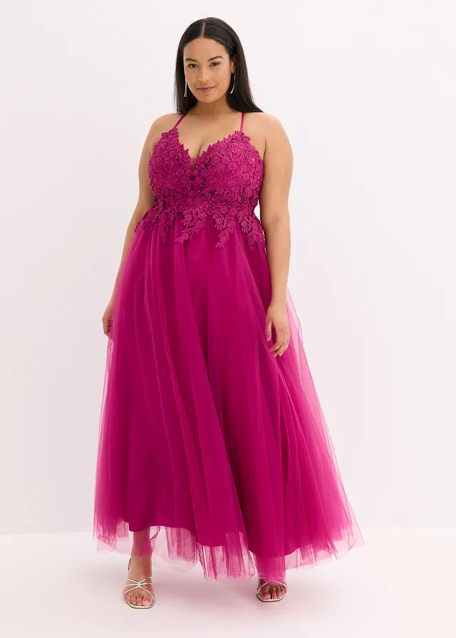 Robe longue en tulle délicat avec dentelle, Couleur: fuchsia