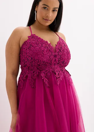 Dlouhé šaty z jemného tylu, s krajkou • fuchsiová plus size • bonprix obchod