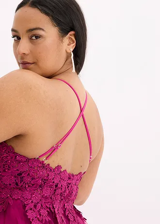 Dlouhé šaty z jemného tylu, s krajkou • fuchsiová plus size • bonprix obchod