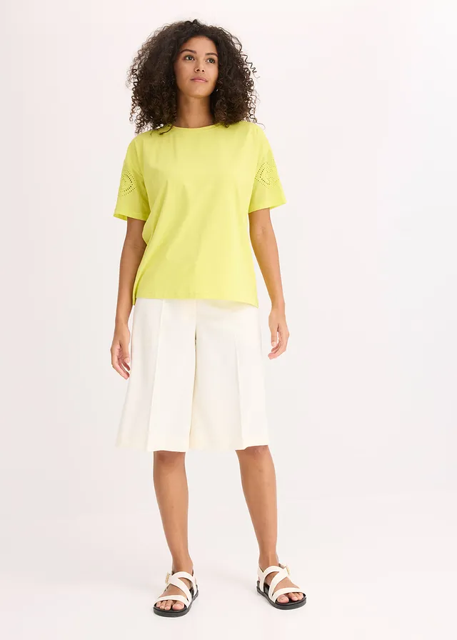 Tricou cu broderie perforată, culoare: galben citric