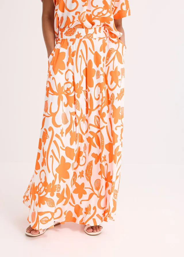Maxi rok van soepele viscose, Kleur: wolwit-mango gebloemd