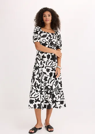 Robe midi 100% coton, Couleur: noir/crème floral