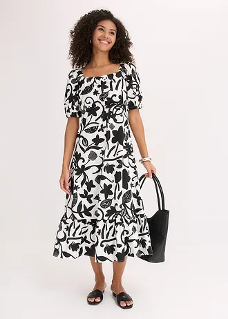 Robe midi 100% coton, Couleur: noir/crème floral
