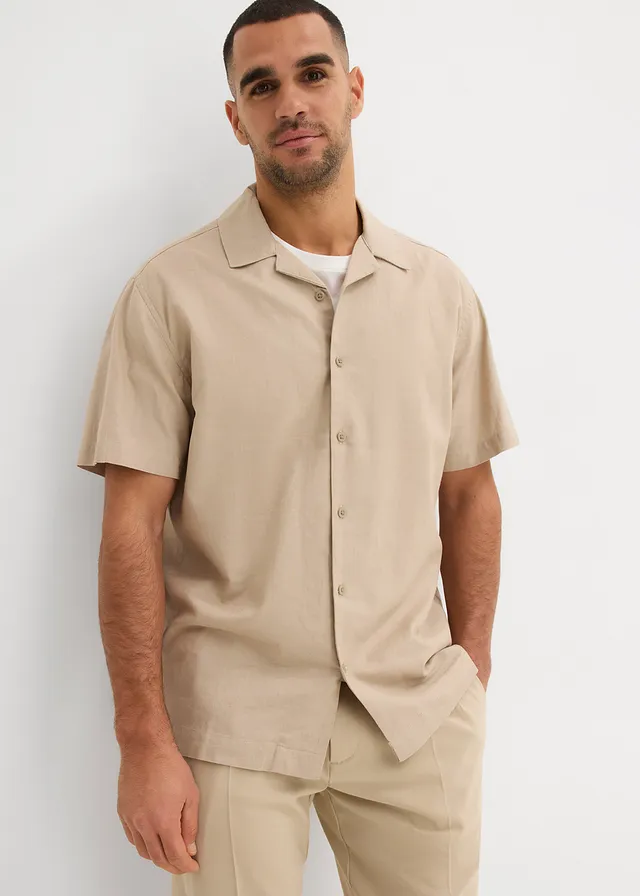 Overhemd met linnen en korte mouwen, loose fit • sand • product-page.page-title-suffix