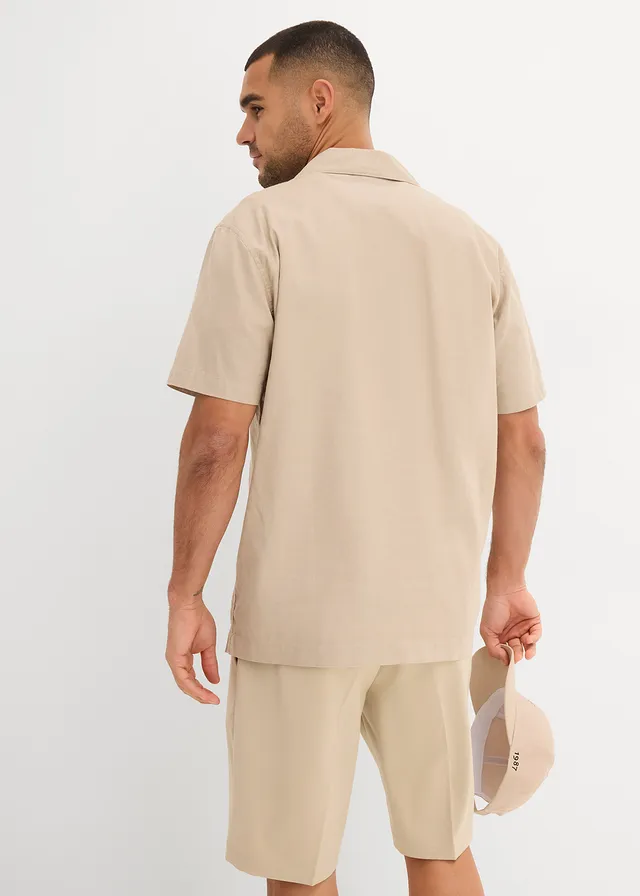 Overhemd met linnen en korte mouwen, loose fit, Kleur: sand