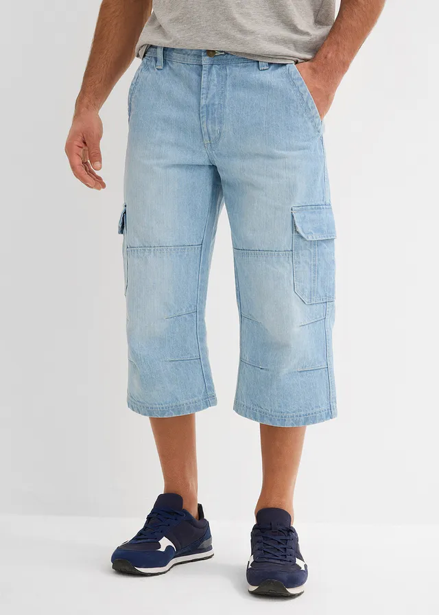 Jean cargo 3/4 regular droit, Couleur: bleu glacier denim