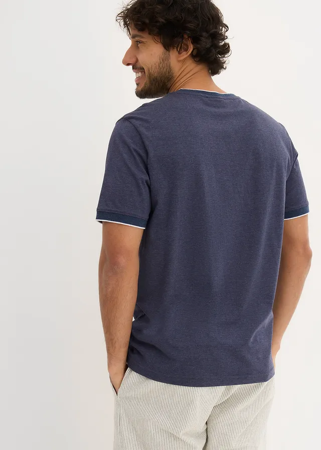 T-shirt met details in layerlook, Kleur: donkerblauw gemêleerd