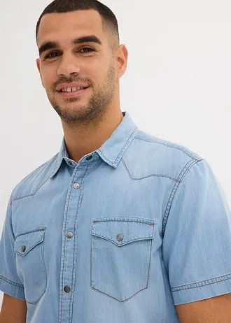 Spijkeroverhemd met korte mouw van biologisch katoen, slim fit • ijsblauw denim • bonprix online shop