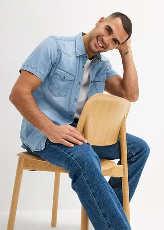 Džínová košile Slim Fit, krátký rukáv, z čisté organické bavlny • ledově modrý denim • bonprix obchod