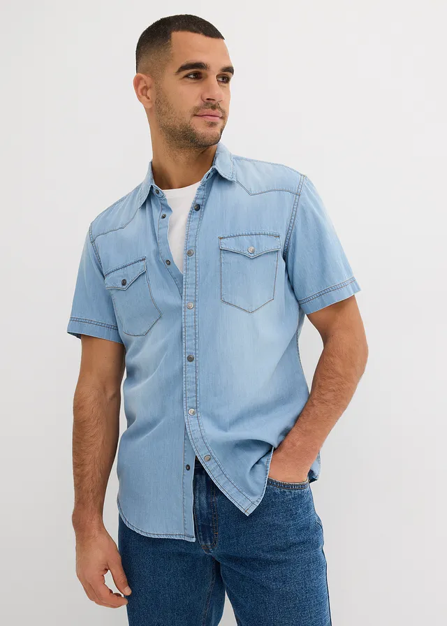 Chemise manches courtes slim en jean, 100% coton, Couleur: bleu glacier denim