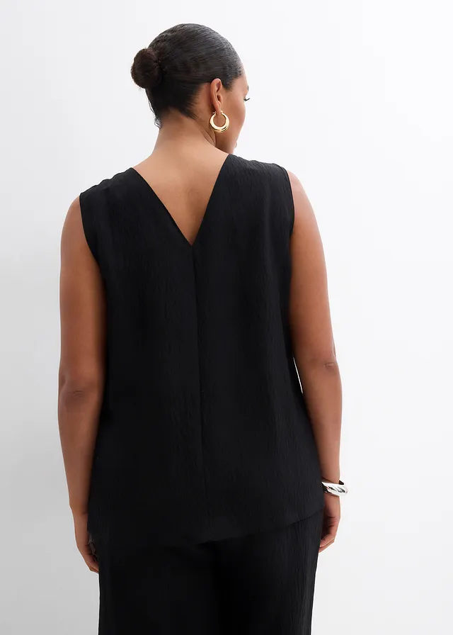 Top en viscose mélangée, effet froissé, Couleur: noir