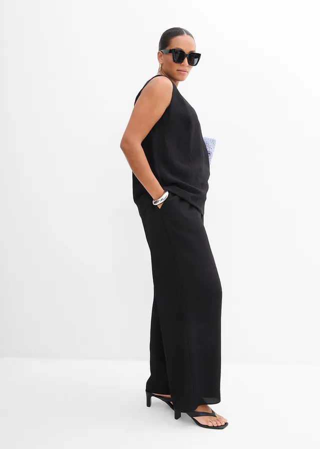 Blousetop van een crinkle-viscosemix, Kleur: zwart