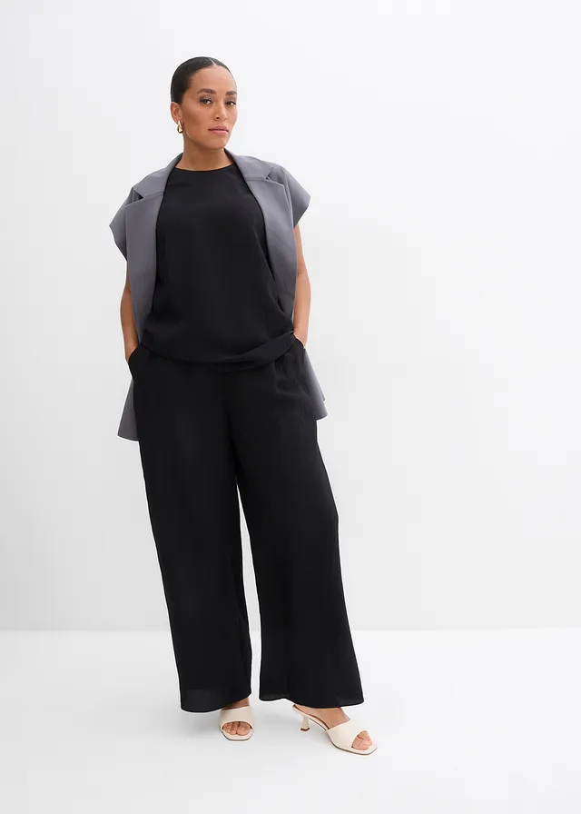Broek van gestructureerde viscosemix, Kleur: zwart
