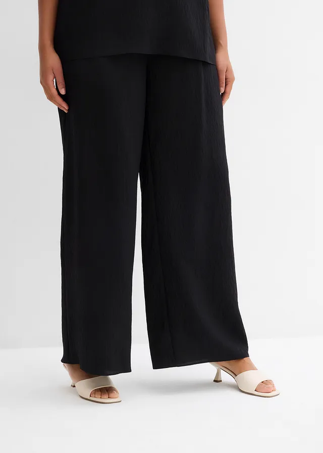 Broek van gestructureerde viscosemix, Kleur: zwart