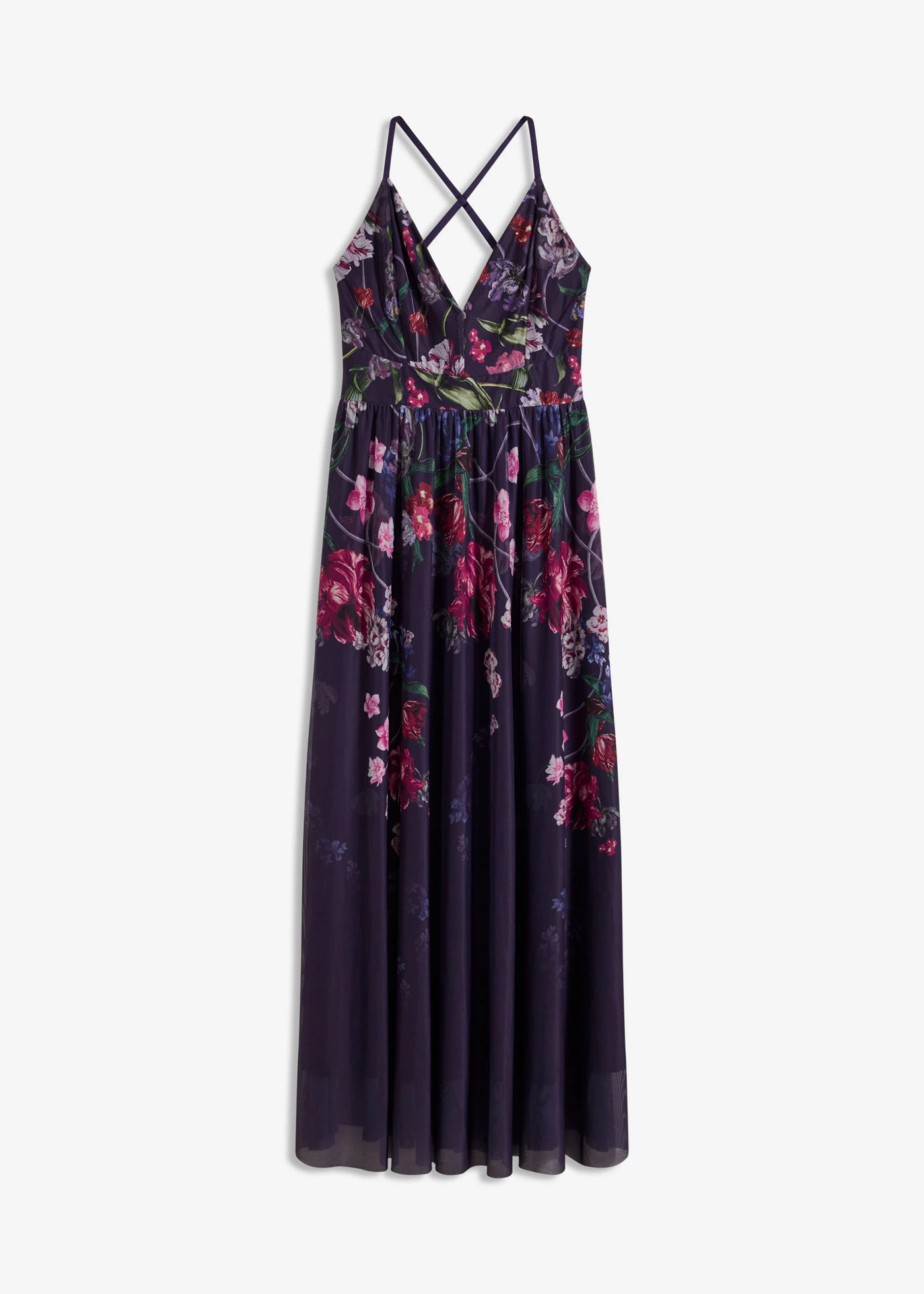 Maxi jurk van fijne tule met spaghettigbandjes • donkerblauw gebloemd • bonprix online shop