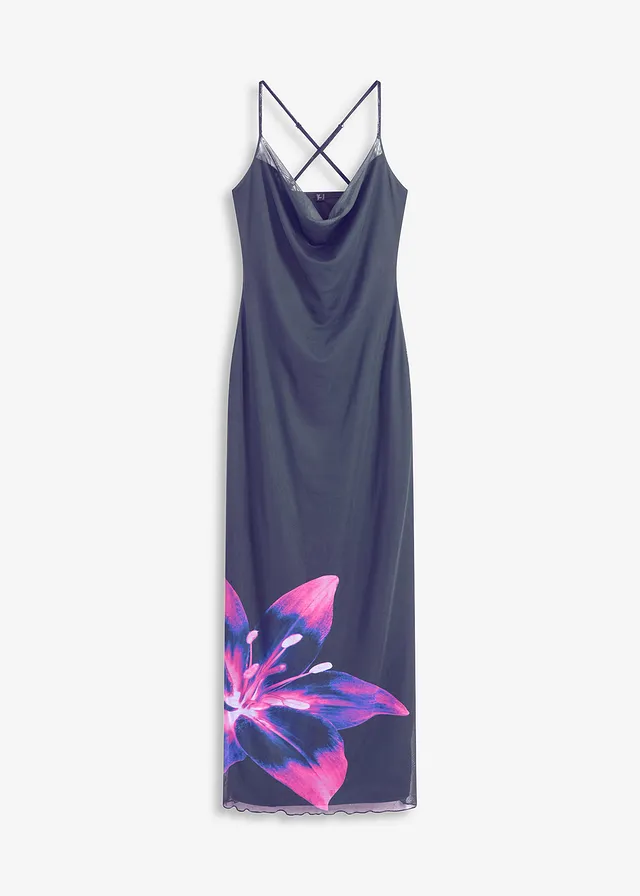 Robe en mesh à fines bretelles, Couleur: bleu foncé/fuchsia floral