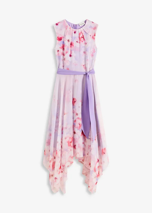 Robe en mousseline avec ceinture à nouer et jupe à pans, Couleur: mauve floral