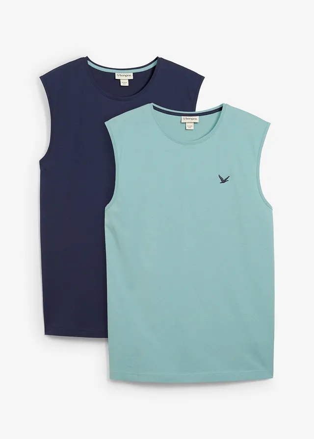 Lot de 2 débardeurs marcel 100% coton, Couleur: bleu minéral + bleu foncé