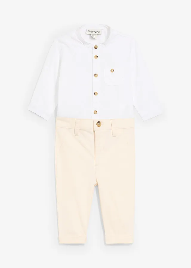 Body overhemd en chino (2-dlg. set) van puur katoen, Kleur: wit+natuurbeige