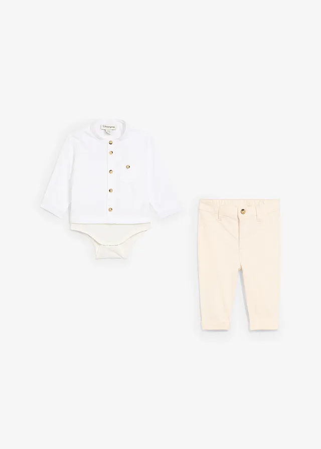 Body overhemd en chino (2-dlg. set) van puur katoen, Kleur: wit+natuurbeige