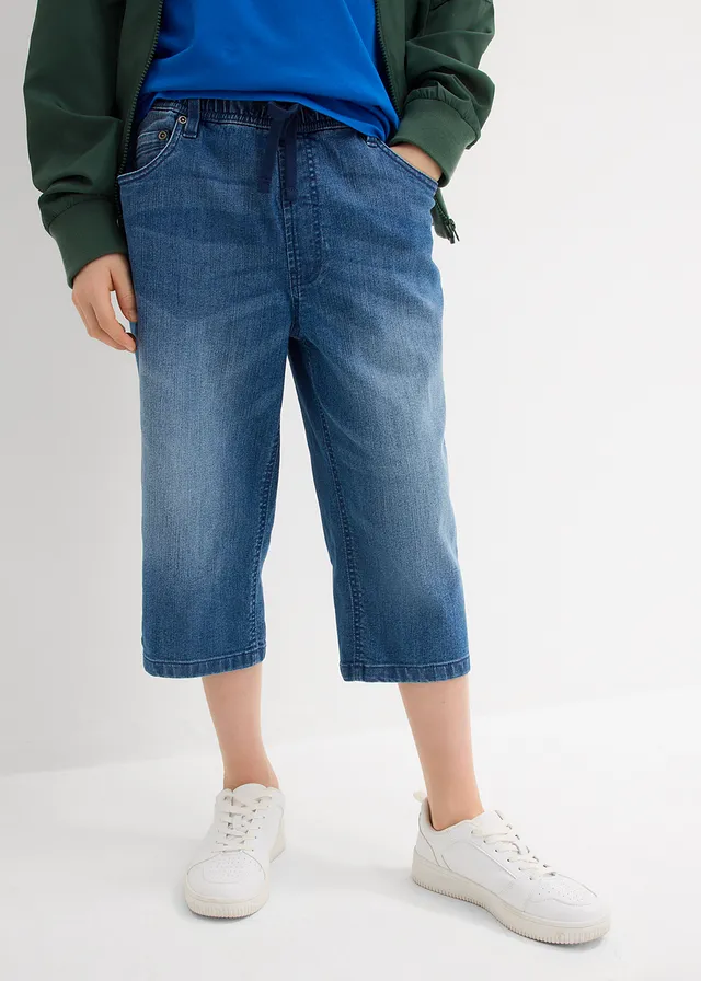 Jongens lang instap jeans bermuda, slim fit, Kleur: blauw denim