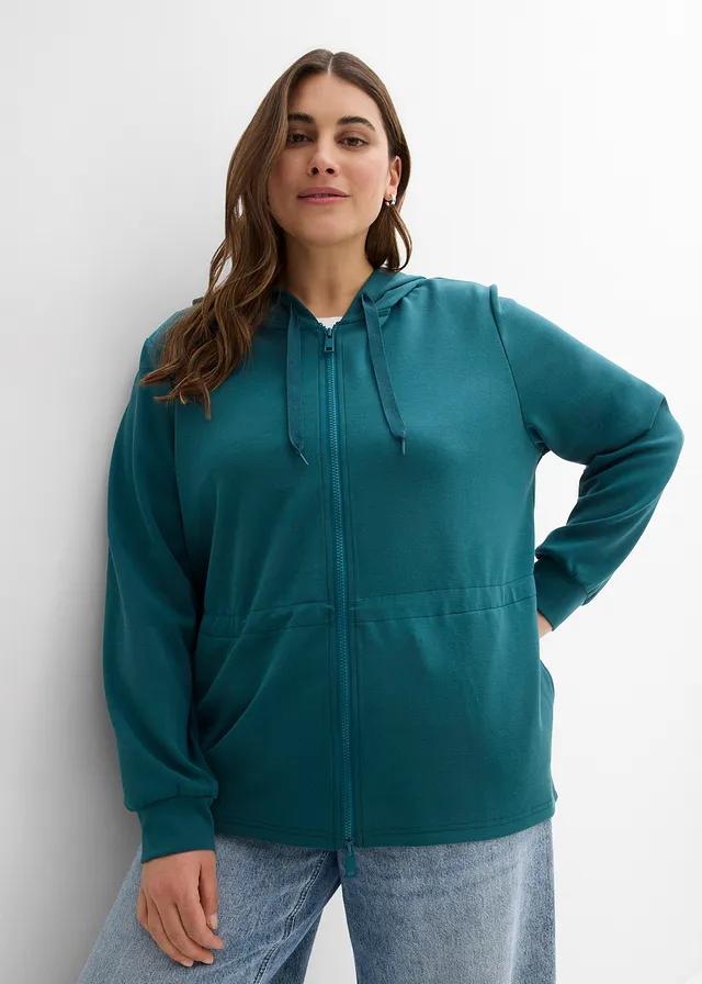 Sweat zippé à capuche, extensible, Couleur: vert poivre
