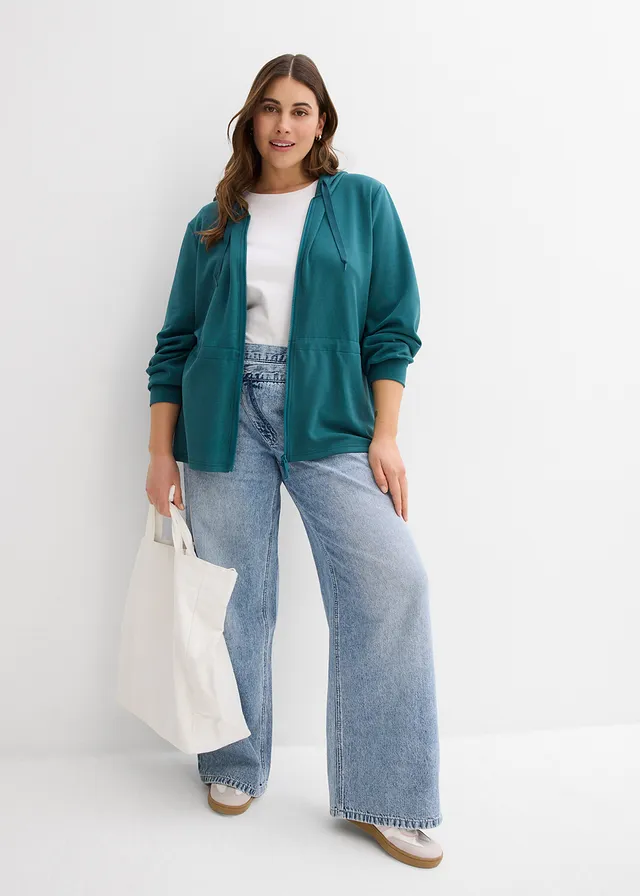 Sweat zippé à capuche, extensible, Couleur: vert poivre