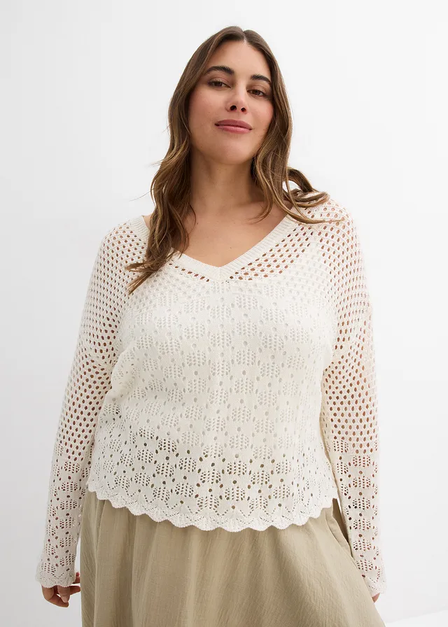 Pull léger en maille ajourée, Couleur: écru