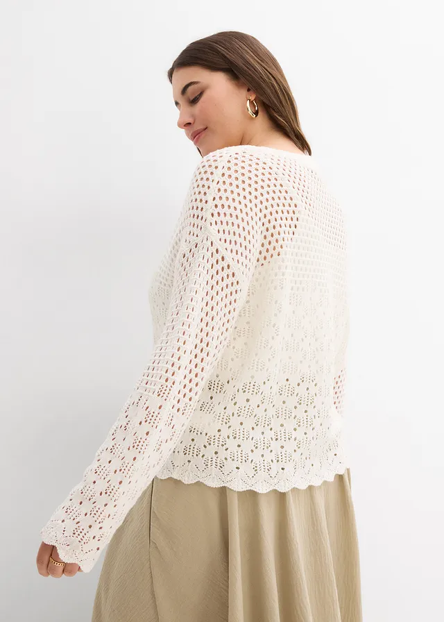 Pull léger en maille ajourée, Couleur: écru