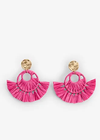 Oorstekers in stro-look, Kleur: fuchsia-goudkleurig