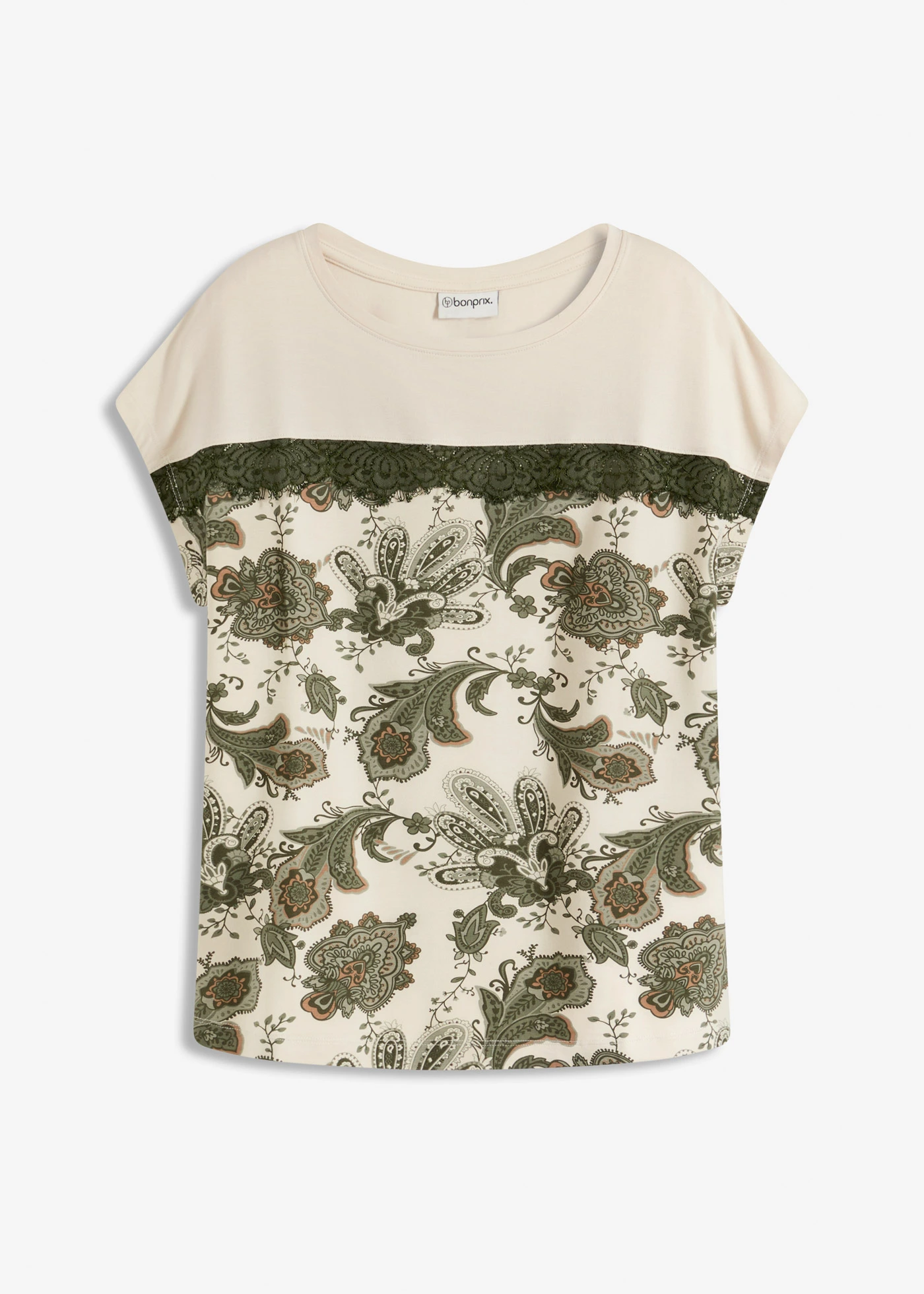 Oversized shirt met een band van kant • ecru-olijfgroen paisley • bonprix online shop