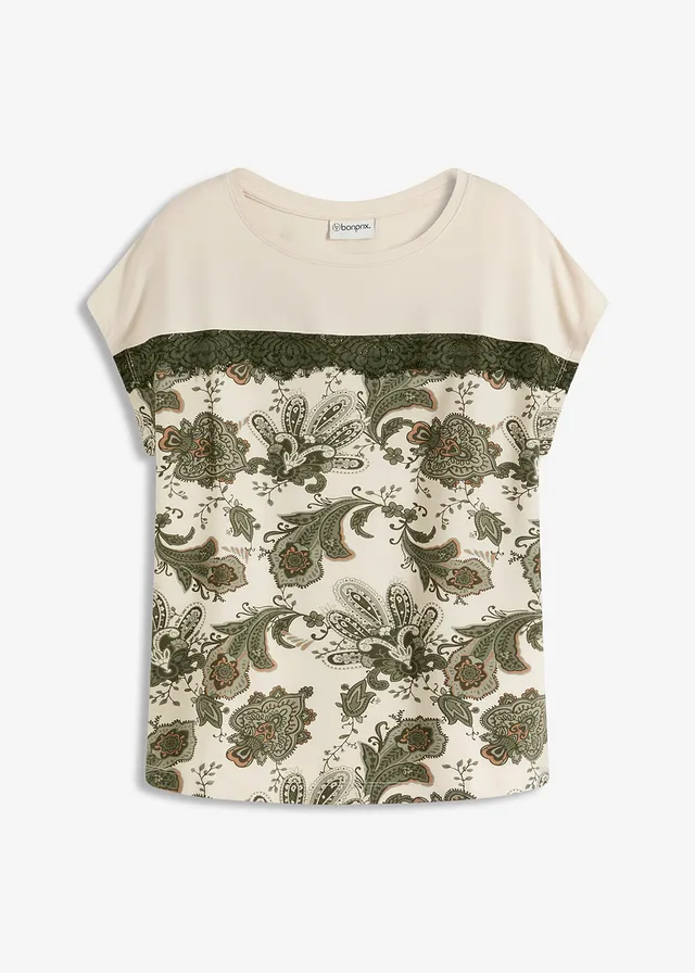 Oversized shirt met een band van kant • ecru-olijfgroen paisley • bonprix online shop