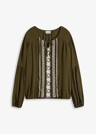 Blouse met borduursel • donkerolijfgroen-beige • bonprix online shop
