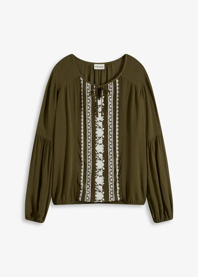 Blouse met borduursel • donkerolijfgroen-beige • bonprix online shop