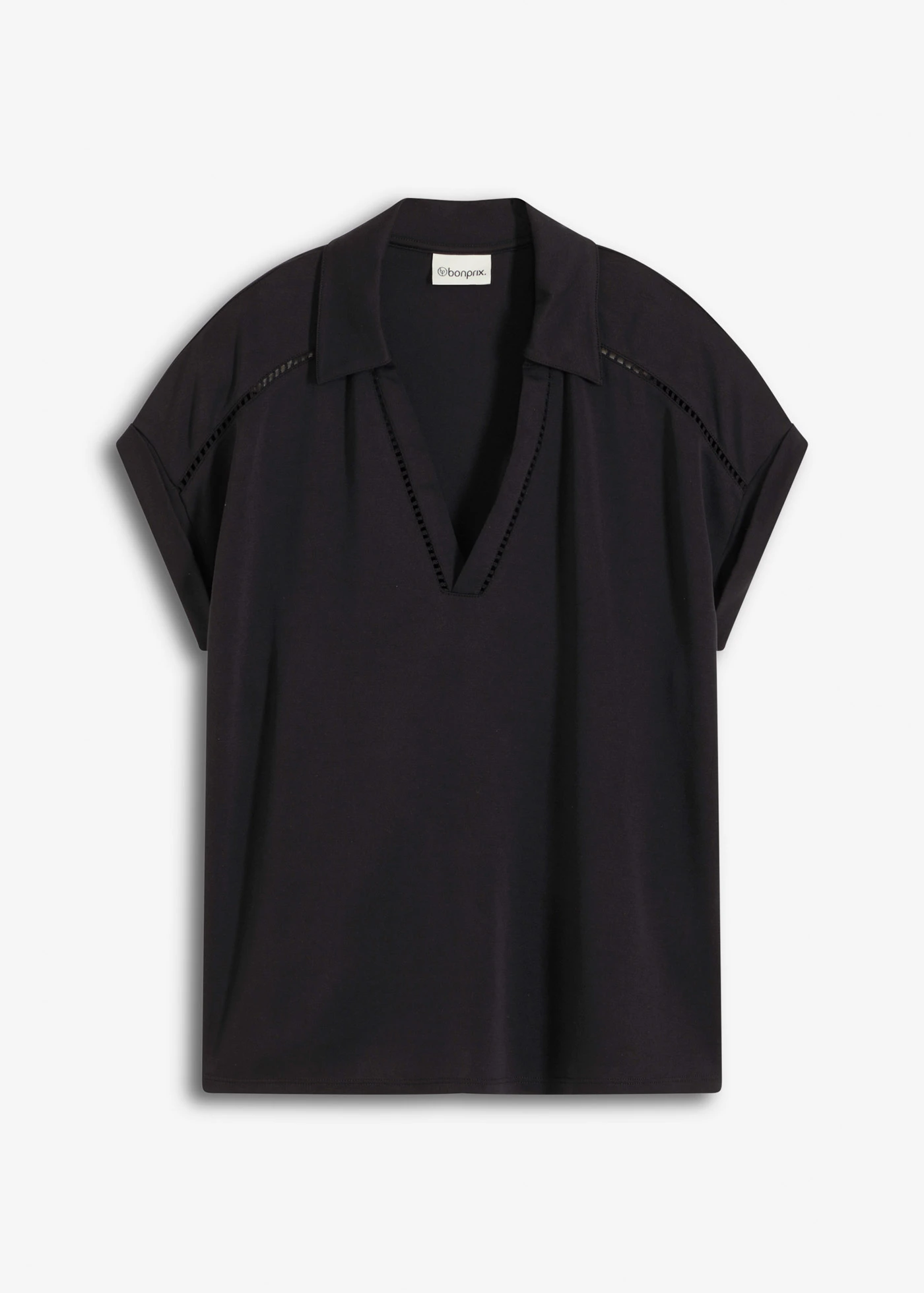 Triko polo z viskózového piké, s krajkovou vsadkou • černá • bonprix obchod
