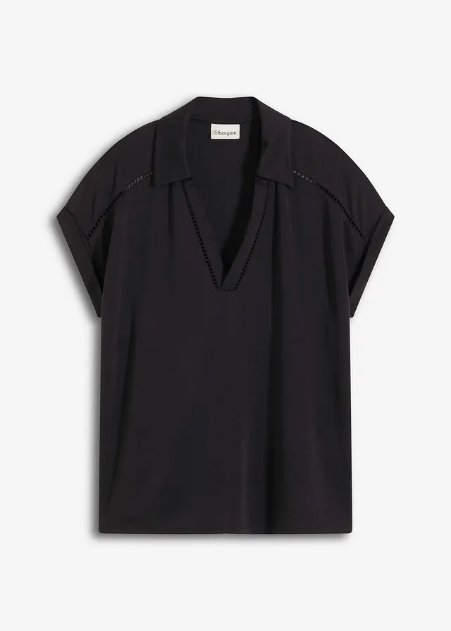 Triko polo z viskózového piké, s krajkovou vsadkou • černá • bonprix obchod