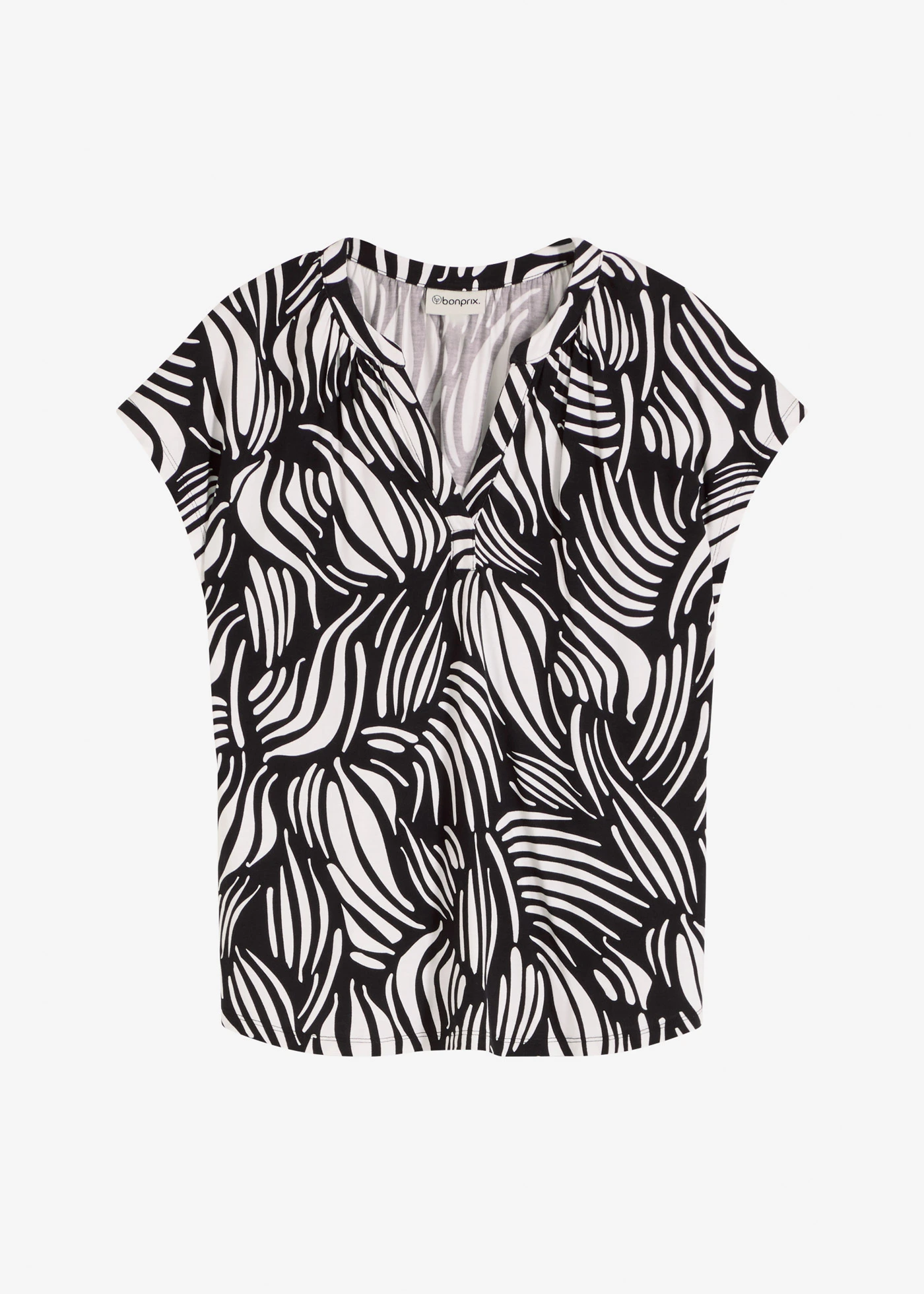 Bluză tricot Henley din amestec moale cu viscoză • negru-ecru cu imprimeu • magazin bonprix