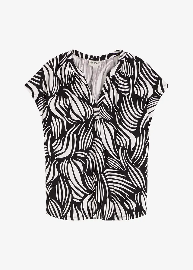 T-shirt col tunisien en viscose mélangée, Couleur: noir/écru imprimé
