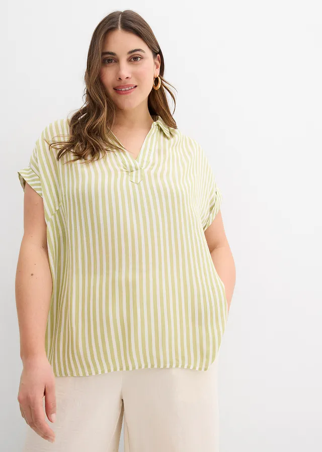 Blouse manches courtes en viscose fluide, Couleur: pistache mat-blanc rayé