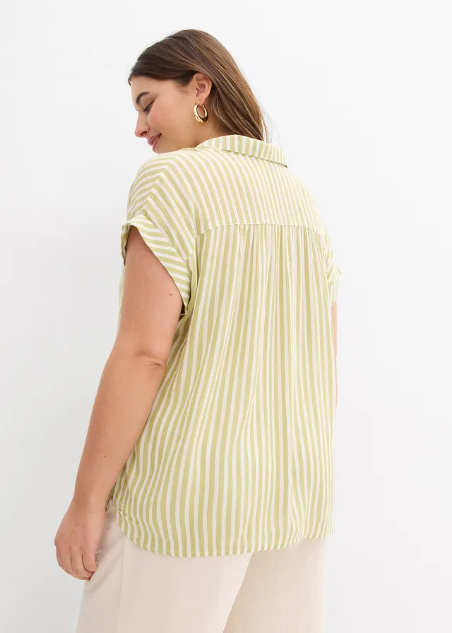 Blouse manches courtes en viscose fluide, Couleur: pistache mat-blanc rayé