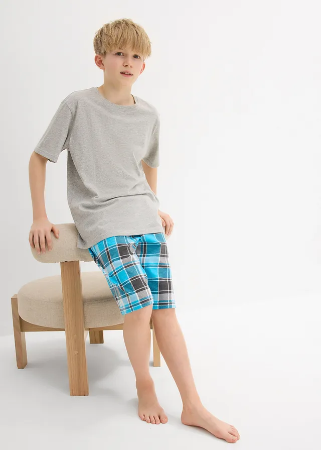 Lot de 2 pyjashorts en coton doux • gris clair chiné + indigo/turquoise + menthe carreaux • product-page.page-title-suffix