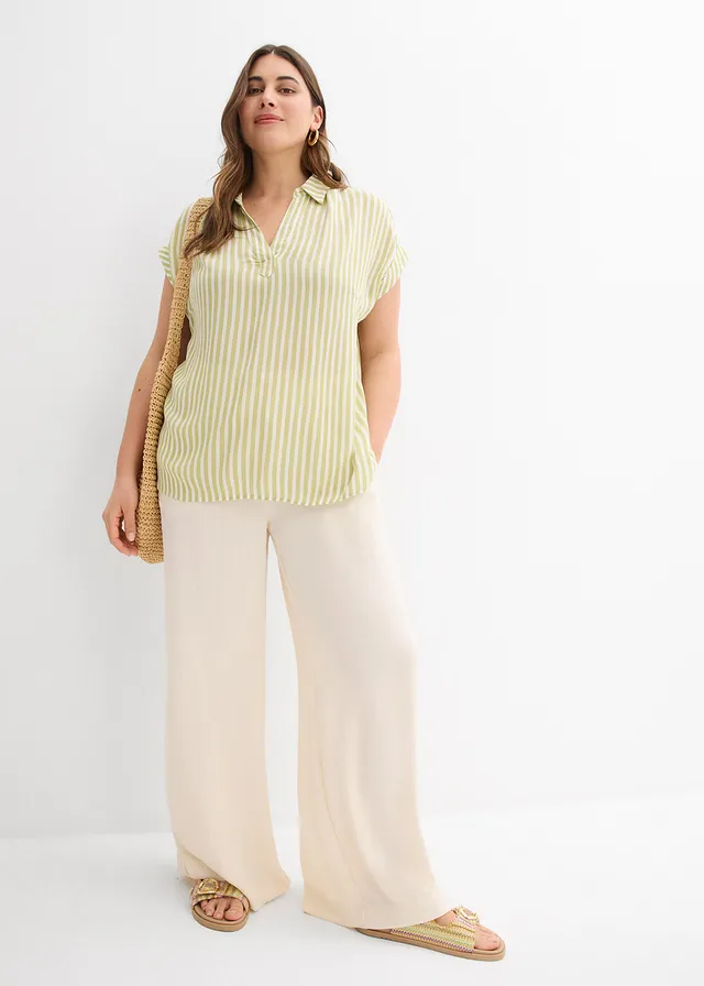 Blouse manches courtes en viscose fluide, Couleur: pistache mat-blanc rayé
